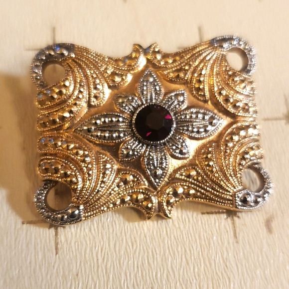 Art Nouveau Ornate Statement Sash Brooch with Ruby Red Crystal - Picture 3 of 6
